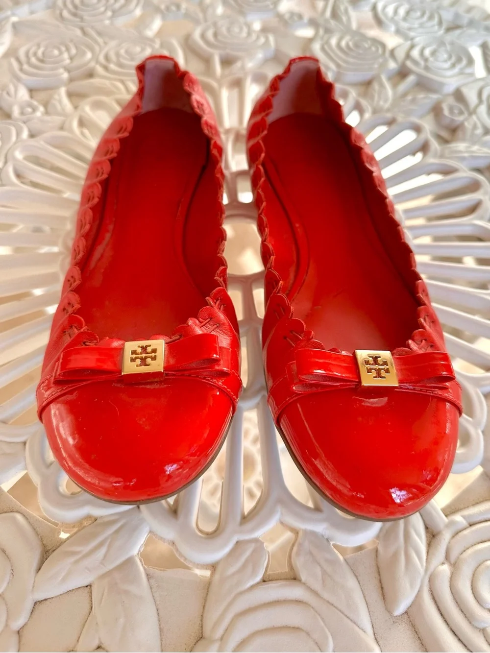 Tory Burch Red Patent Ballet Flats with Gold Logo Accent and Ruffle Trim